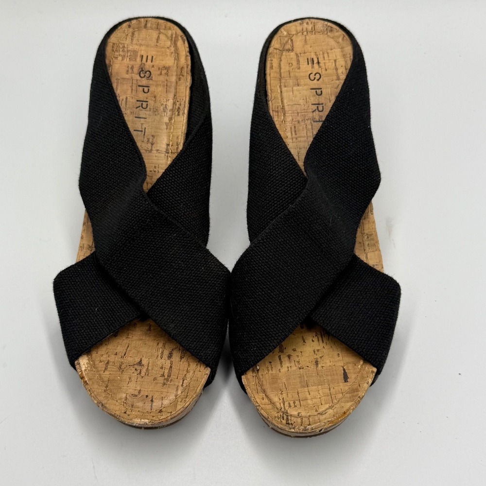 ✨Esprit Black Canvas Cork Wedge Sandals Women's‎ Shoes Fits 8.5-9 Y2K 90s